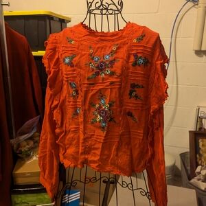 Embroidered Ruffle-Trim Long Sleeve Blouse - Orange